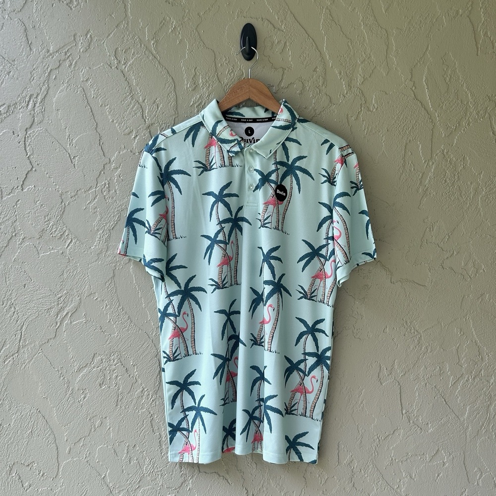 Duvin Men's Large  Green / Tropical Hour Print Short Sleeve Polo Shirt NWOT